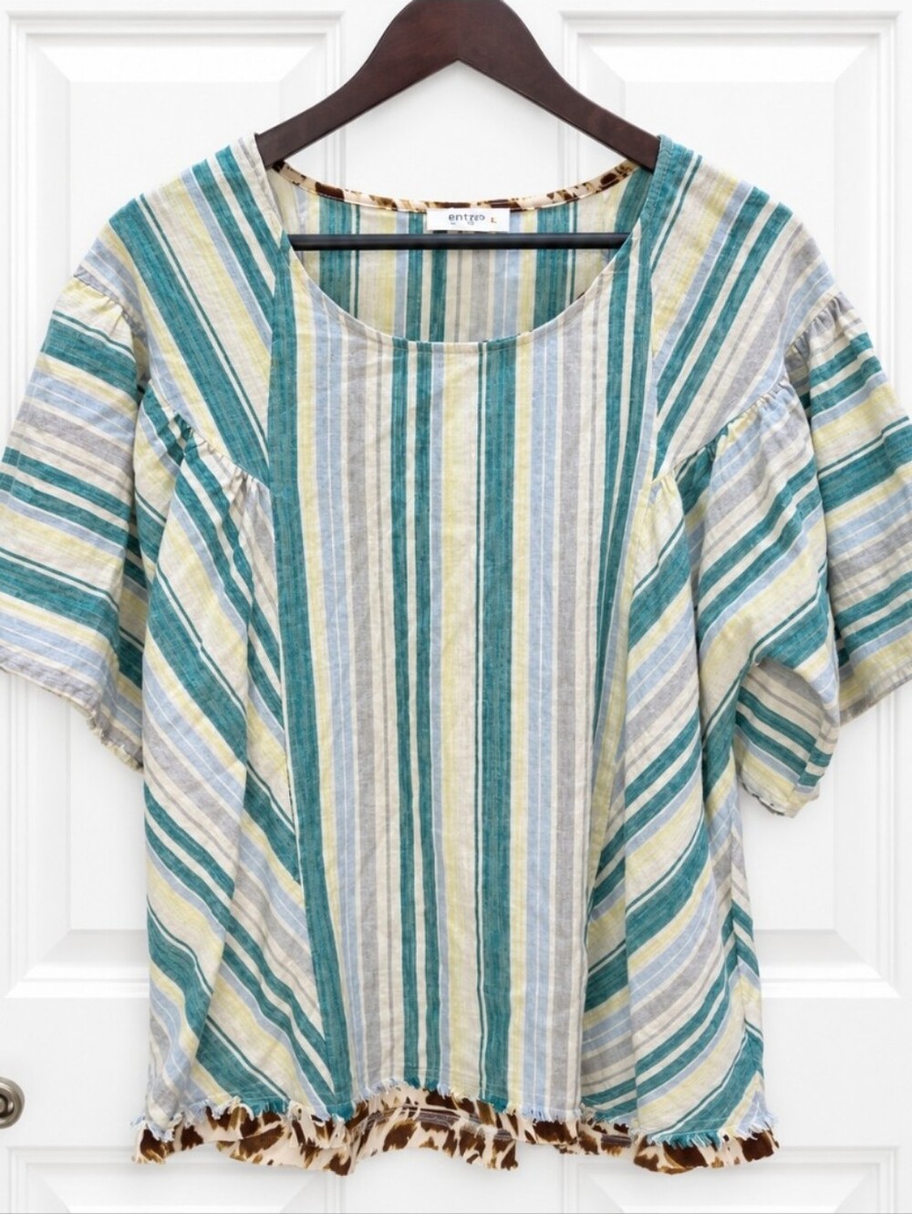 Umgee Green Striped Cotton Top Leopard Hem Trim No Size Tag See Measurements